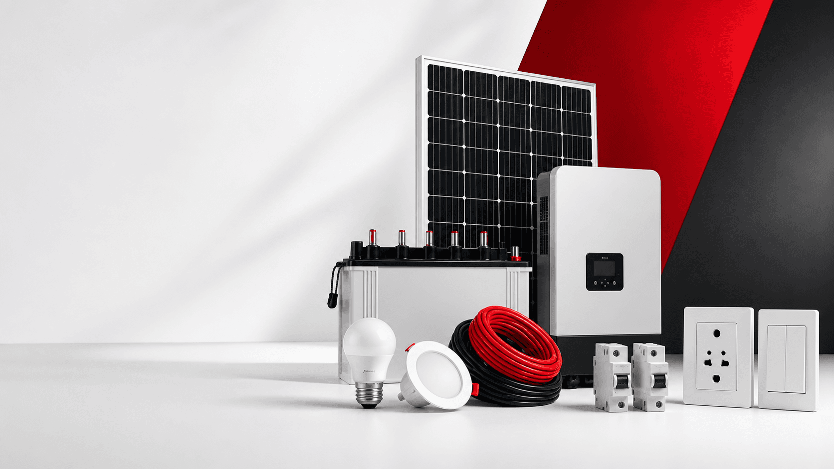 Solar panel, inverter, battery, LED lighting, electrical cable and switches