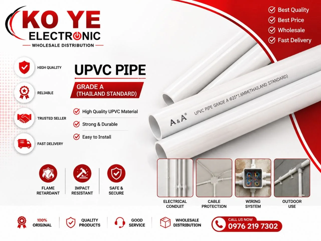 AA UPVC မီးပိုက် Grade A (20mm / 25mm - ၉ ပေ ၈ လက်မ)