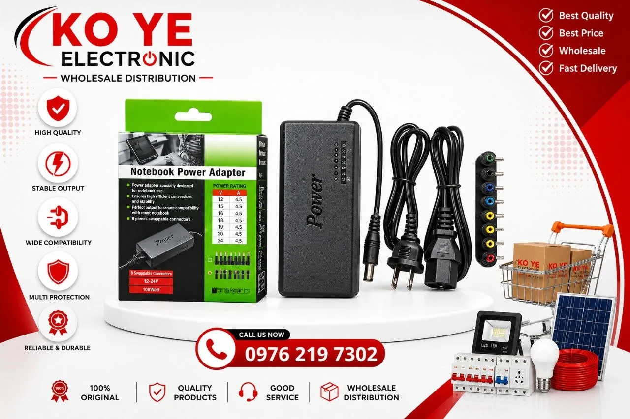 100W Universal Notebook Power Adapter with 8 Swappable Connectors (ခေါင်းပြောင်း ၈ မျိုးပါ ၁၀၀ဝပ် ဘက်စုံသုံး လဲပ်တော့ပ်အားသွင်းစက်)