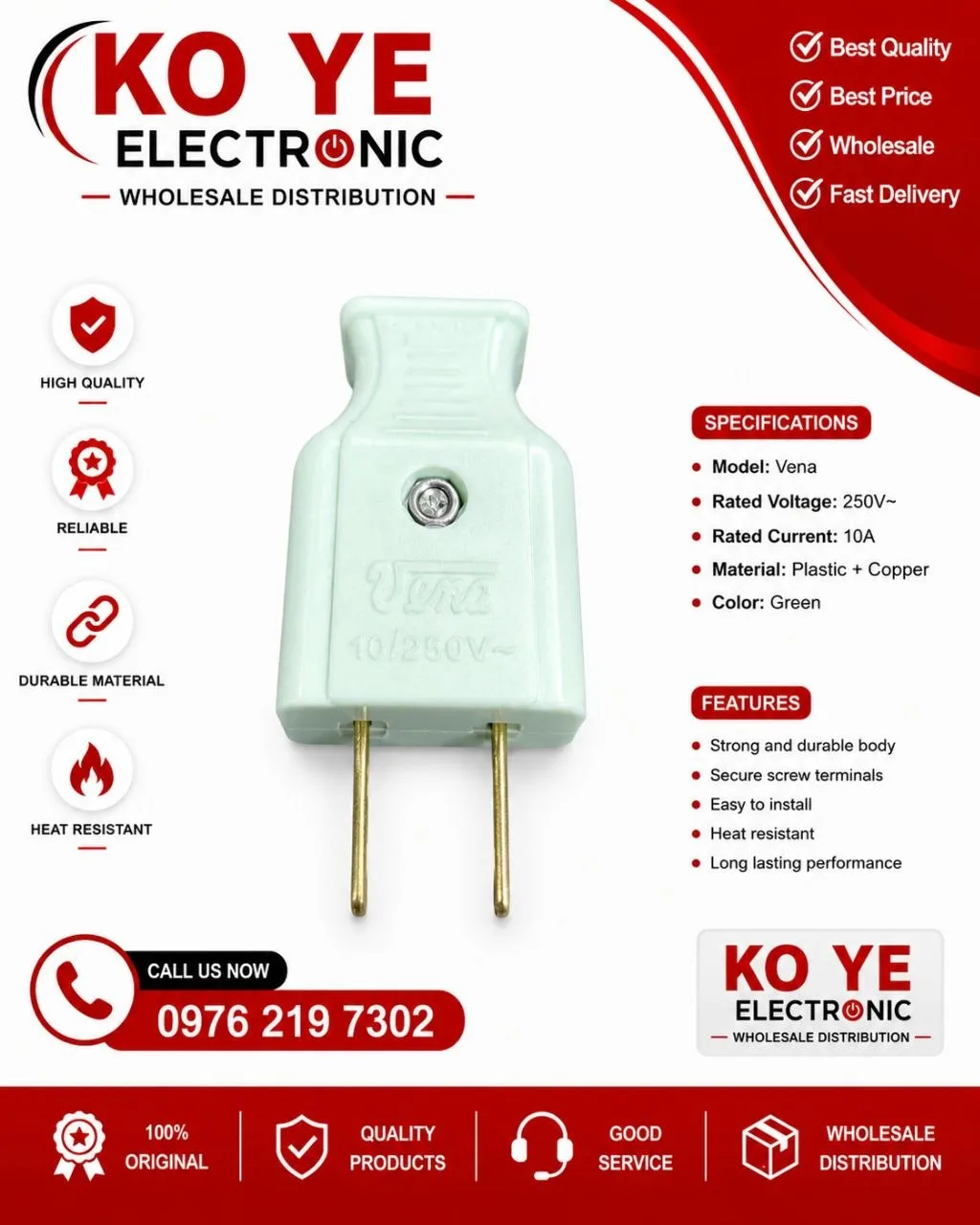 Vena 2Pin အပြား မီးပလပ်ခေါင်း (Thailand)