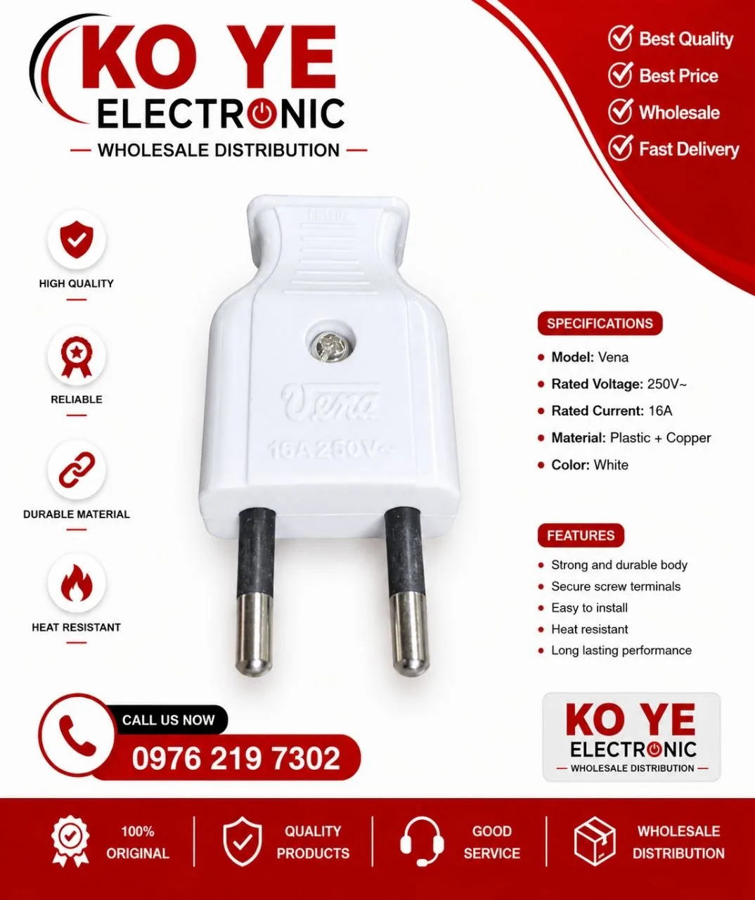 Vena 2Pin အလုံး မီးပလပ်ခေါင်း (Thailand)