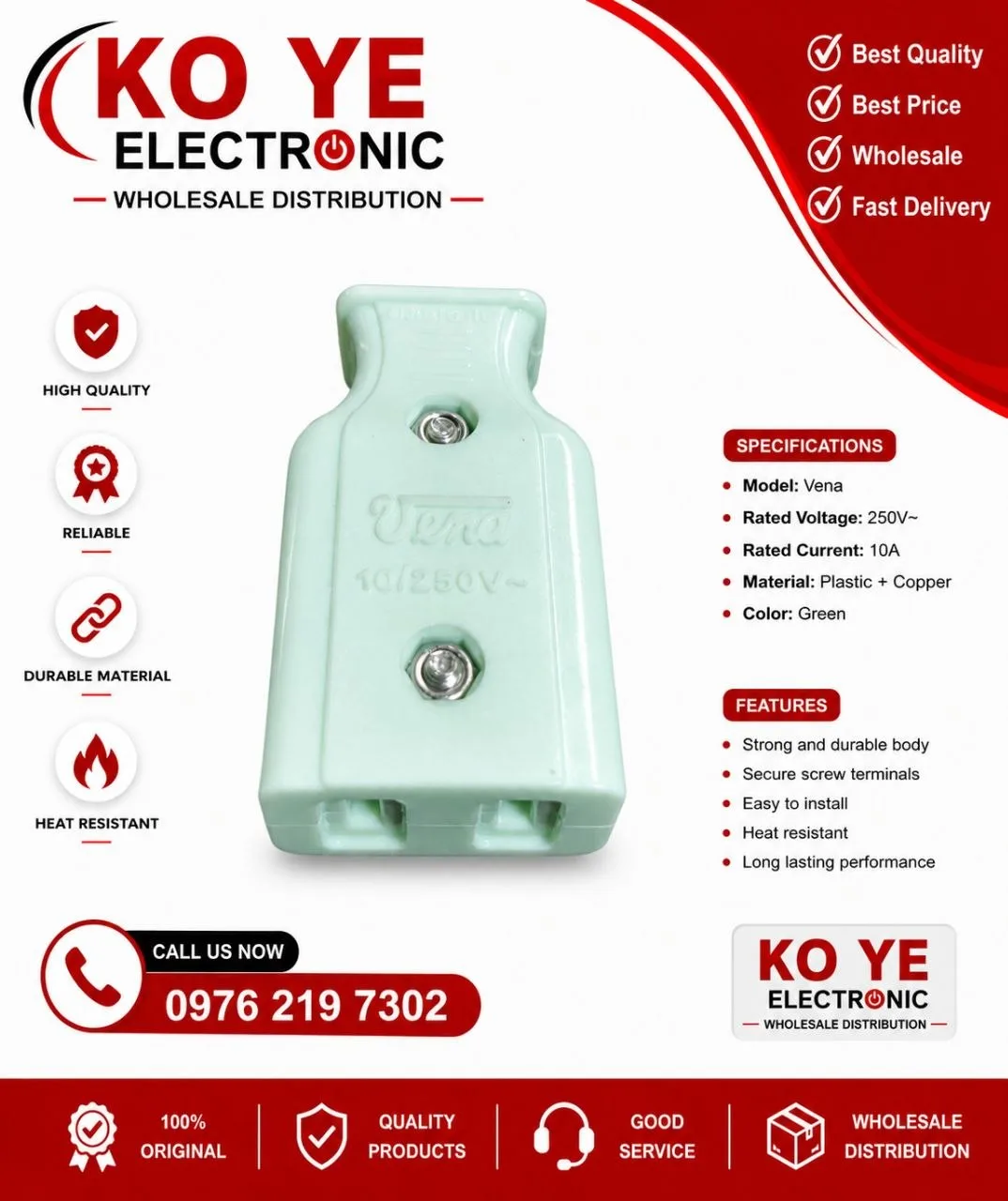 Vena 2Pin အမ မီးပလပ်ခေါင်း/ငုတ် (Thailand)